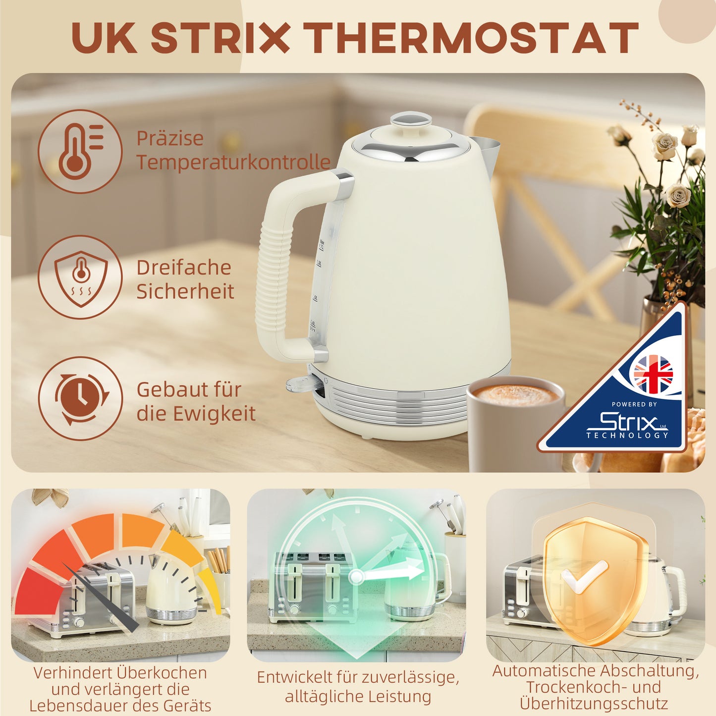 Waterkoker en Broodrooster Set – Waterkoker, Toaster, Ontbijtset, Broodrooster 4 Sleuven – Cream Variant – 1,7 Liter Capaciteit – 7 Bruiningniveaus en Kalkfilter