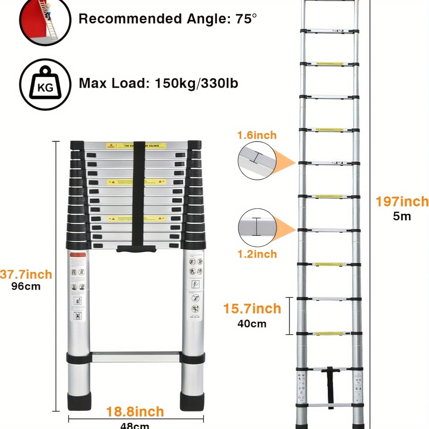 Uitschuifladder – Telescopische Ladder – Opsteekladder – Vouwladder – Aluminium Ladder – 5 Meter Uitschuifbaar – Anti-Slip Rubber Voeten