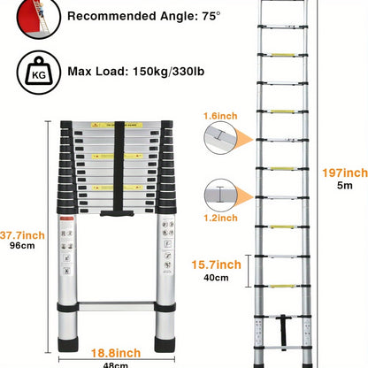 Uitschuifladder – Telescopische Ladder – Opsteekladder – Vouwladder – Aluminium Ladder – 5 Meter Uitschuifbaar – Anti-Slip Rubber Voeten