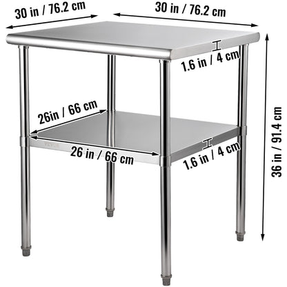 Roestvrijstalen Werktafel – RVS Keukentafel – Werkbank – Voorbereidingstafel – Cateringtafel – Verstelbare Onderplank – 76 x 76 x 91 cm – 363 kg Draagvermogen