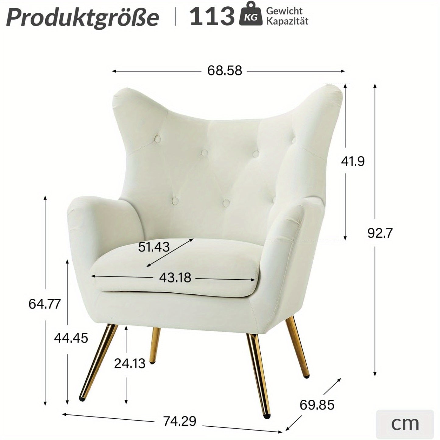 Fauteuil – Lounge Stoel – Leunstoel – Wing Chair – Relaxfauteuil – Fluwelen Bekleding – Gouden Metalen Poten – Comfortabel Design – Voor Woonkamer en Slaapkamer – Ivoor Kleur