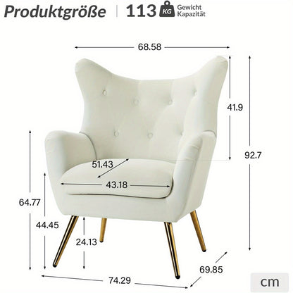Fauteuil – Lounge Stoel – Leunstoel – Wing Chair – Relaxfauteuil – Fluwelen Bekleding – Gouden Metalen Poten – Comfortabel Design – Voor Woonkamer en Slaapkamer – Ivoor Kleur