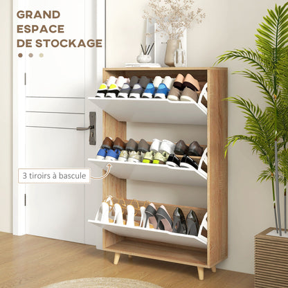 Schoenenkast – Schoenenrek – Schoenenopberger – Schoenenbank – Hal Organizer – 3 Draaideuren – Verstelbare Planken – Wit & Houtlook – 72x24x119 cm – Anti-Kantel Veiligheid