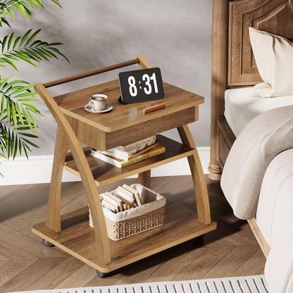 3-Laags Verrijdbaar Bijzettafeltje – Rollend Trolley – Werktafel – Bedtafel – Opbergbak – Verstelbare Hoogte – Wit Hout – Ruimtebesparend & Mobiel