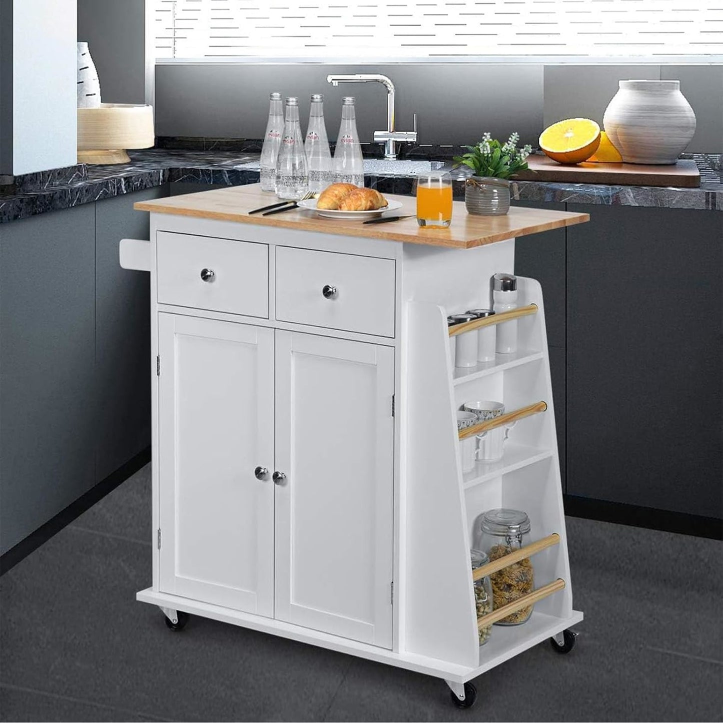 Keukenwagen – Keukentrolley – Keukenkar – Keukenmeubel – Keukenrek – Rubberen Houten Blad – Verstelbare Plank