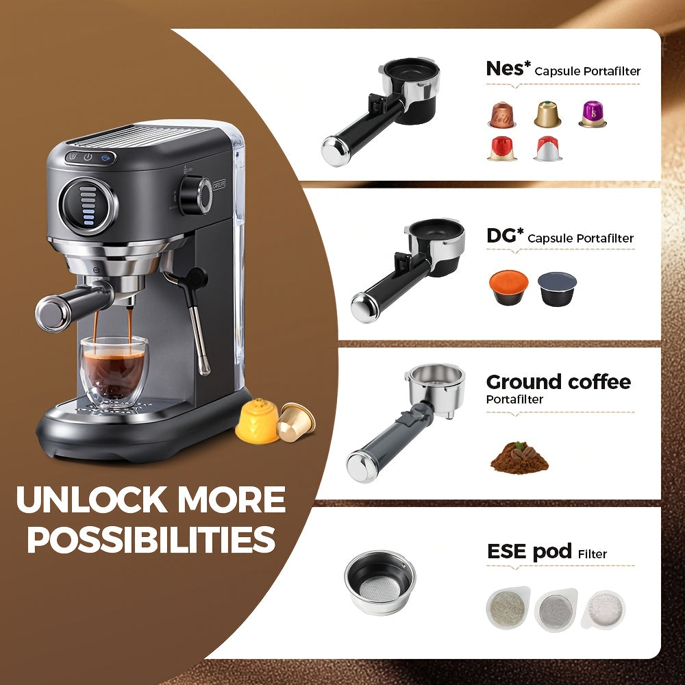 Espressomachine – Koffiemachine – Latte Maker – Cappuccinomachine – Halfautomaat – Roestvrij Stalen Behuizing – 7-instelbare Watervolume Controle