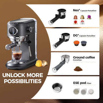 Espressomachine – Koffiemachine – Latte Maker – Cappuccinomachine – Halfautomaat – Roestvrij Stalen Behuizing – 7-instelbare Watervolume Controle