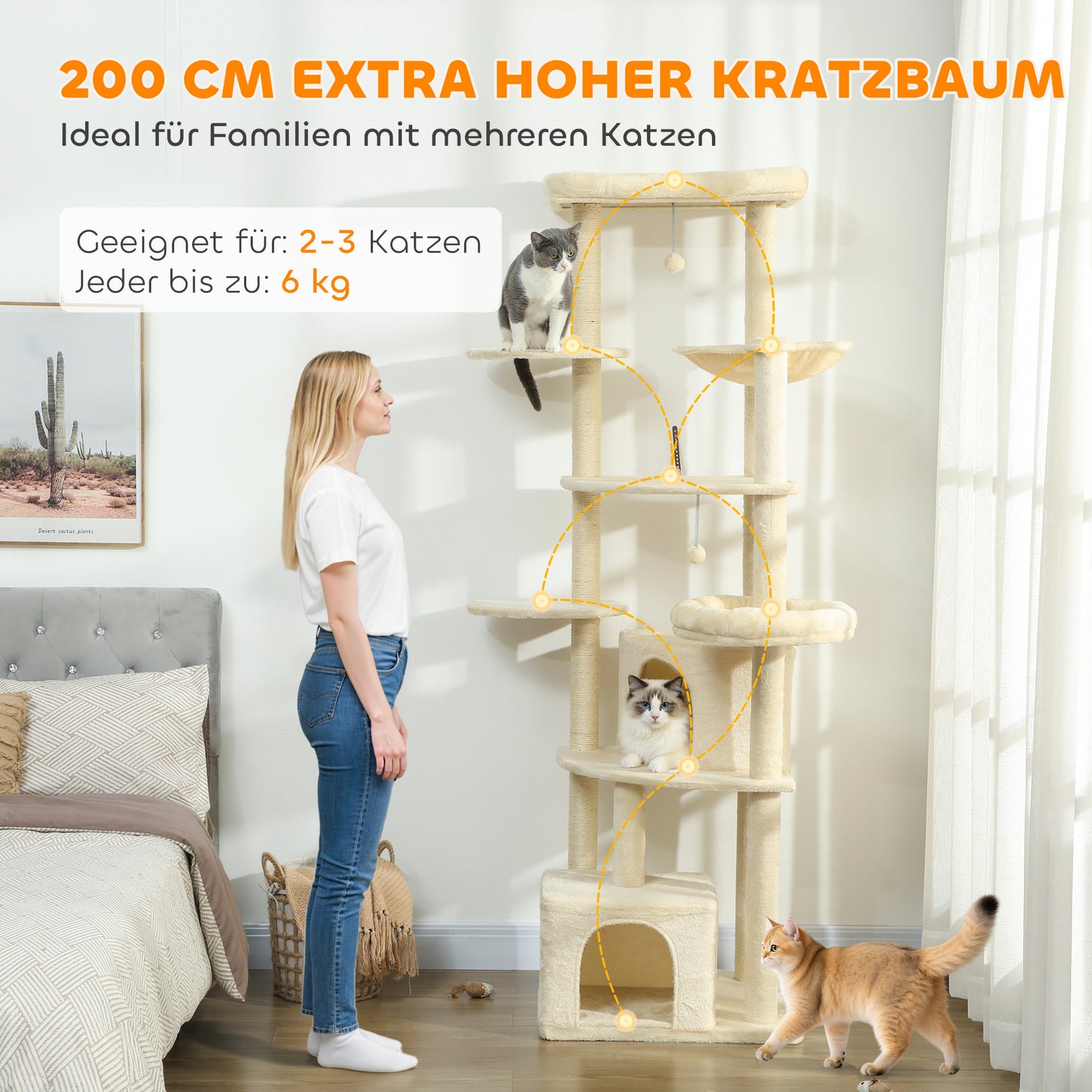 Krabpaal – Krabpaal Voor Katten – Krabmeubel – Kattenboom – Speelpaal Kat – Beige – 2 Meter Hoog – Stevige Constructie Met Kantelbeveiliging