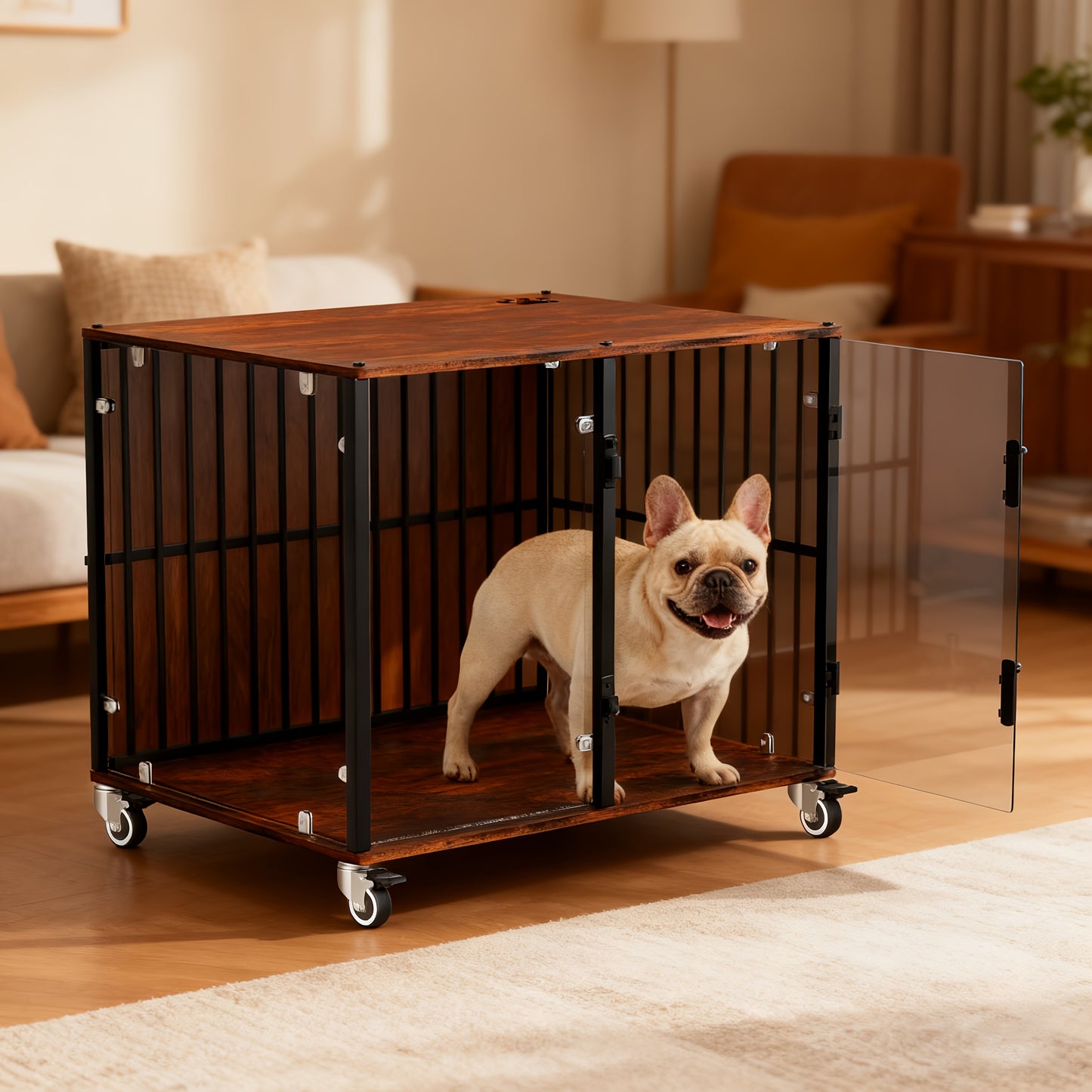 Bingopaw Dog Crate Furniture, 73cm Tempered Glass Dog Crate, Modern Indoor Dog Crate, Suitable for Small/Medium/Large Dogs Weighing No More Than 80kg, Side Table, Home Dog Crate, 77x 60 x 65cm, with 4 Brake Wheels, 360° No B