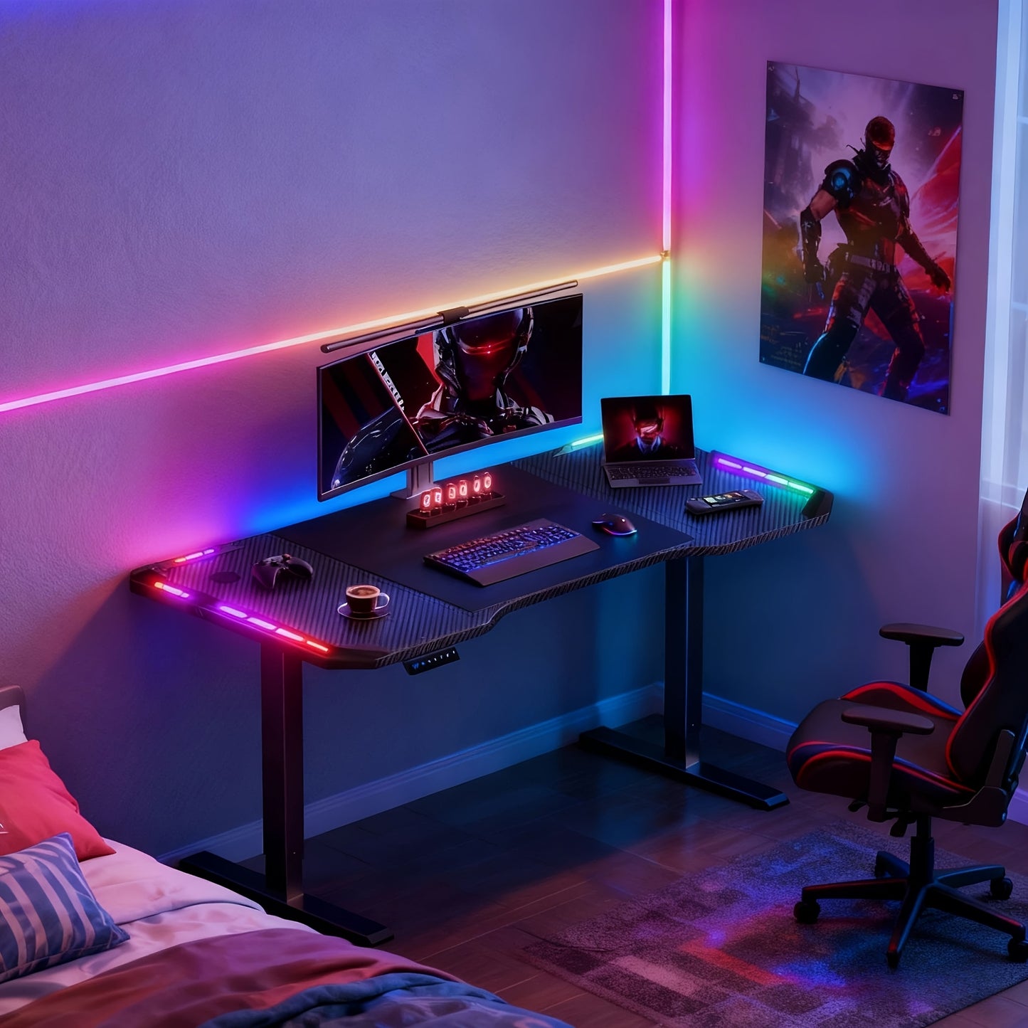 Elektrisch Verstelbaar Bureau – Zit-Sta Bureau – Gaming Bureau – Thuiswerk Bureau – Computer Bureau – 119 cm Carbon Fiber Blad – RGB Verlichting Met Afstandsbediening