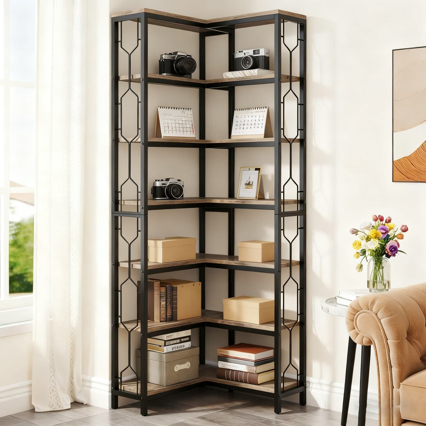 Hoekboekenkast – Hoekrek – Opbergkast – Boekplank – Wandmeubel – Industrieel Design – 7 Lagen Met L-vormige Reling – Hout & Metaal – Draagvermogen 50 kg – Grijs