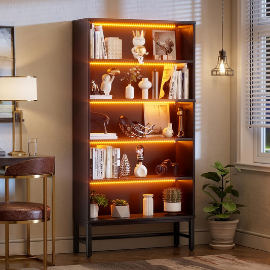 Modern 5-Tier Display Cabinet & Bookcase with Heavy-Duty Shelving - Black Wood/ Frame Multi- Storage Suitable for Collectibles, Wine, Books - Assembly, Adjustable Leveling & Wall-Mountable (178x90x30cm)