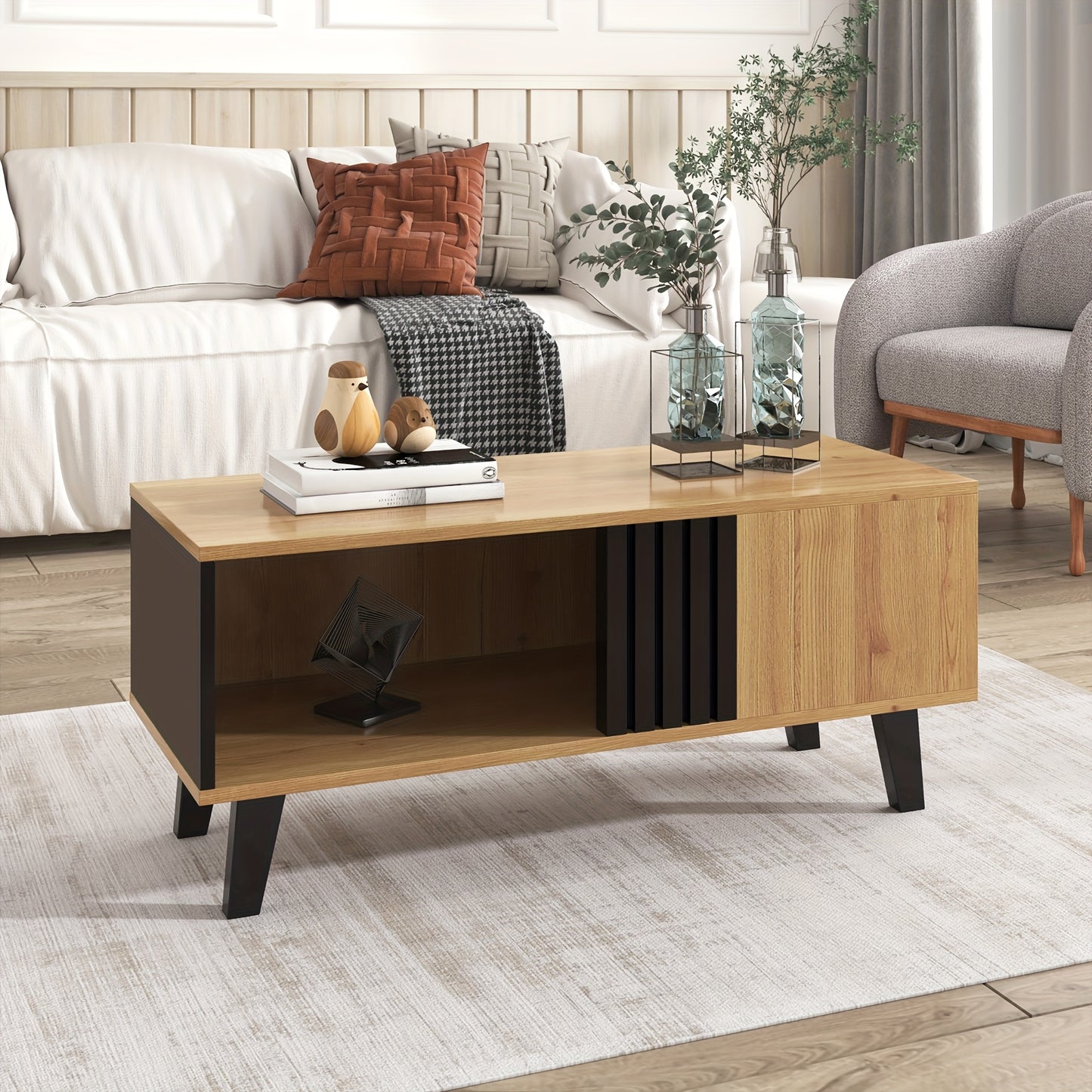 Salontafel – Koffietafel – Bijzettafel – Woonkamertafel – Tafel – Zwart – Metaal – Opbergplank en Lade – Direct Gebruiksklaar – Stevig & Duurzaam
