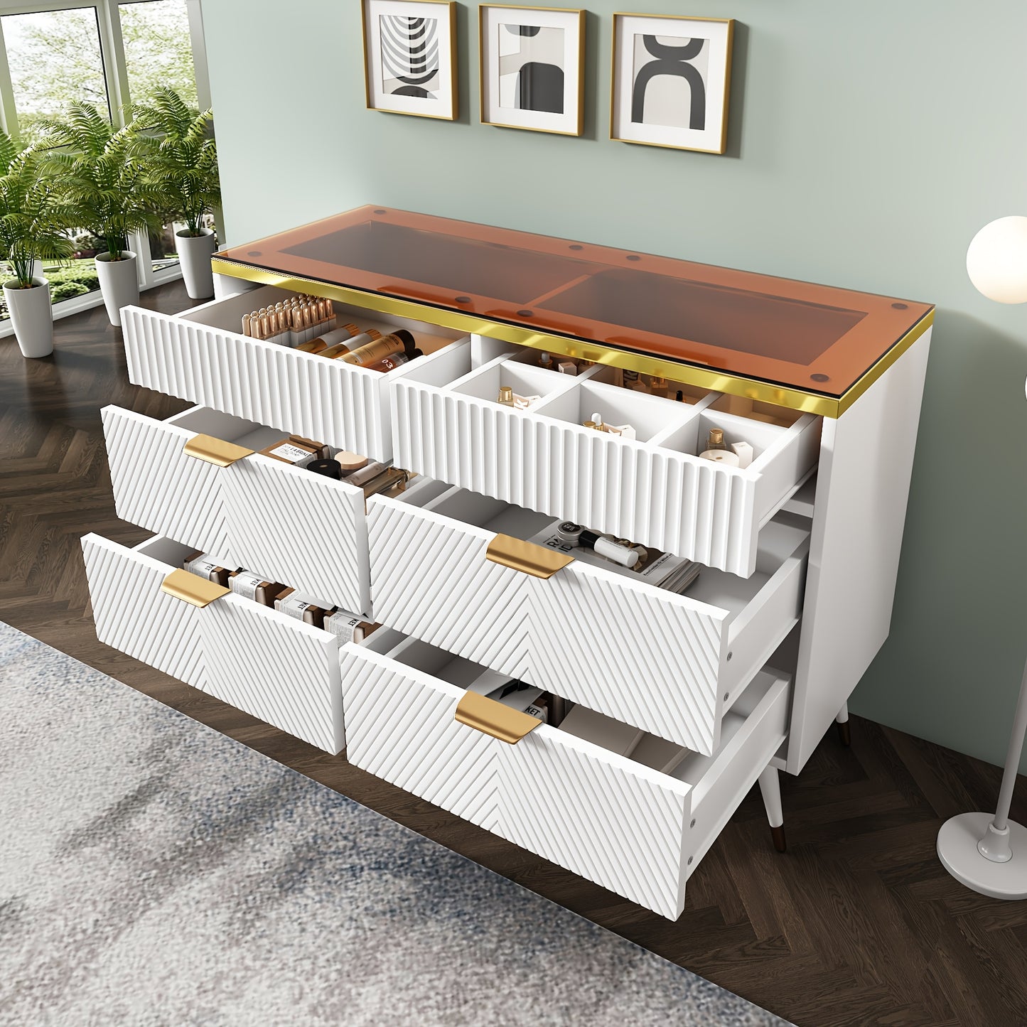 Opbergkast – Ladekast – Kledingkast – Commode – Kast – Wit Bamboe – 6 Lades – 3,2 Kubieke Voet – Gouden Handgrepen – Stevig & Duurzaam – Eenvoudige Montage