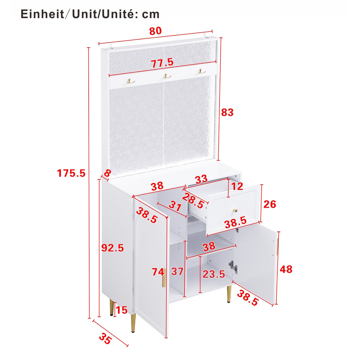 BTM Compact Wardrobe Hall Cabinet in White with Adjustable Shelves, Soft-Close Hinges, Hook Rail, Arched Doors, and Gold Metal Legs, Modern Hall Furniture 80×175.5×35 cm