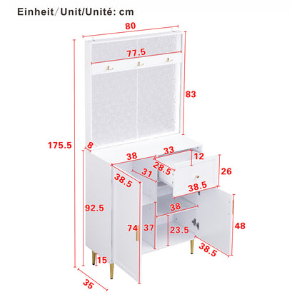 BTM Compact Wardrobe Hall Cabinet in White with Adjustable Shelves, Soft-Close Hinges, Hook Rail, Arched Doors, and Gold Metal Legs, Modern Hall Furniture 80×175.5×35 cm