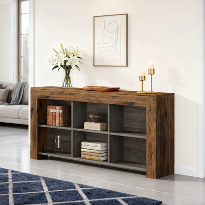 Console tafel – sidetable – haltafel – dressoir – opbergkast – Bruin en zwart – 160 cm lang – 6 open opbergvakken – massief hardhout en geperst hout – smal ontwerp
