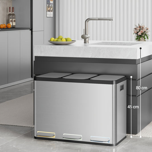 Trash Can, Kitchen Pedal Trash Can (3 x 45L), Stainless Steel Trash Sorting System with Colorful Pedals, Removable Inner Bucket, Suitable for Kitchen, Silvery - QUORE