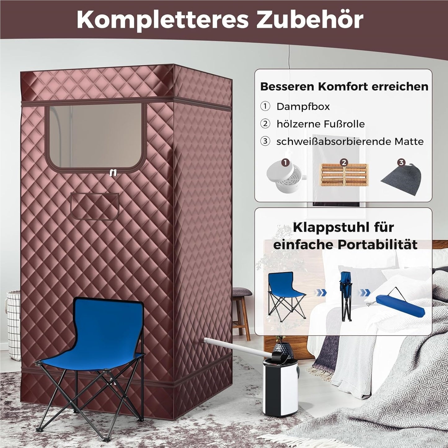 Sauna Tent – Stoombad – Infrarood Sauna – Wellness Tent – Home Spa – Instelbare Temperatuur 35-63°C – Inclusief Stoel en Voetmassager Bruin