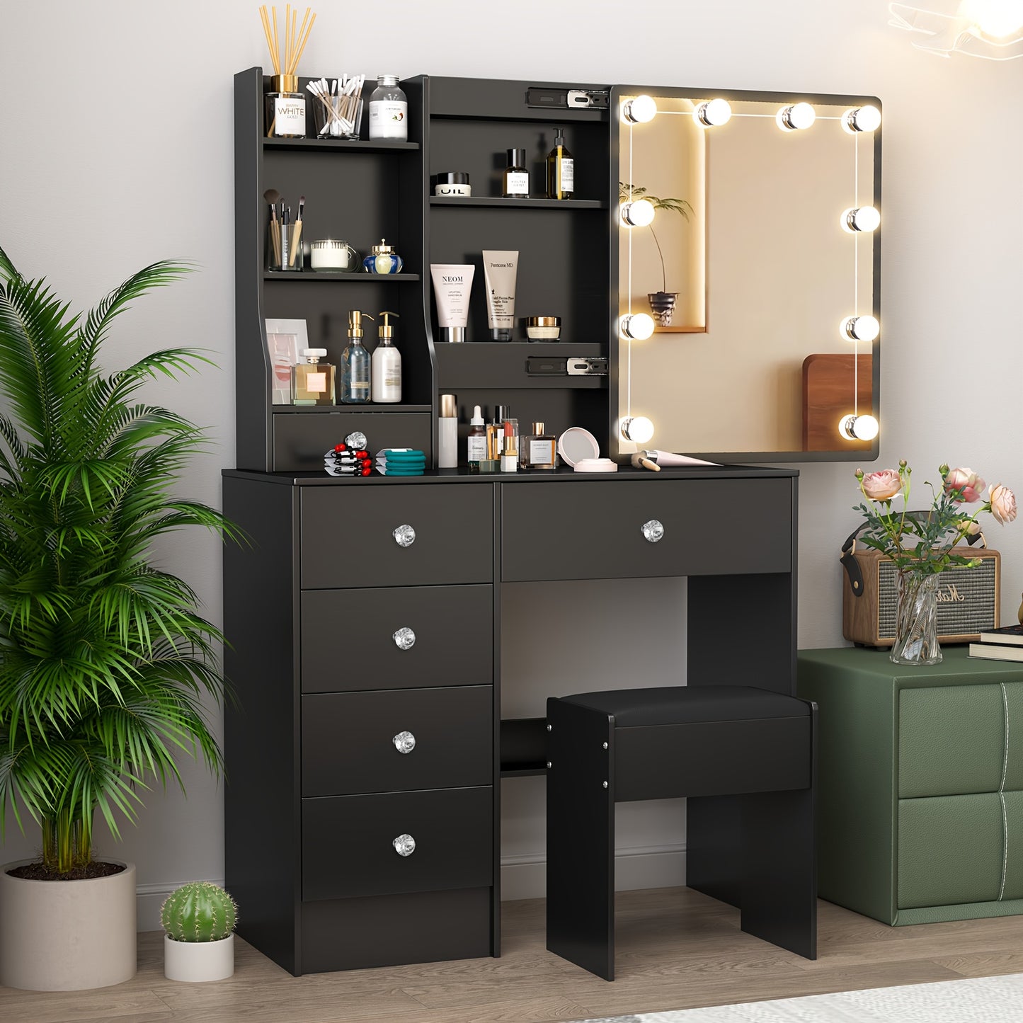 Make-up Tafel – Kaptafel – Schminktafel – Make-up Bureau – Make-up Organizer – Zwart – 6 Lades & Opbergruimte – Instelbare LED Verlichting met 3 Lichtkleuren