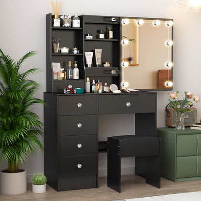 Make-up Tafel – Kaptafel – Schminktafel – Make-up Bureau – Make-up Organizer – Zwart – 6 Lades & Opbergruimte – Instelbare LED Verlichting met 3 Lichtkleuren
