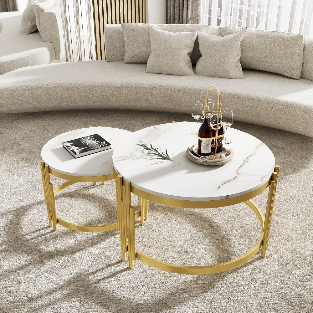 Modern Round Modular Coffee Table & Combination Table - Marble Top with Golden Metal Frame, Space-Saving Expandable Suitable for Living Room, Assembly, Durable Contemporary Table (Wood-Free)