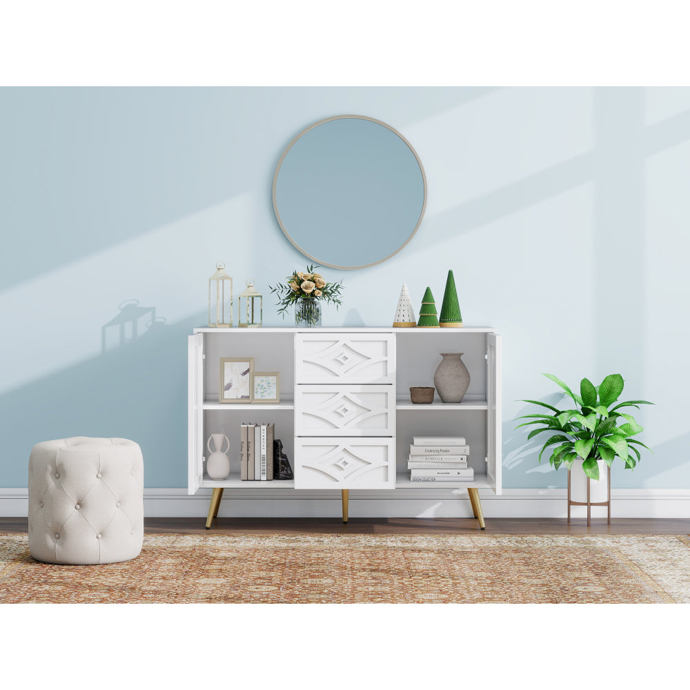 Dressoir – Ladekast – Opbergkast – Buffetkast – Wandkast – Wit Modern Design – Gouden Poten & Diamantpatroon – 120x40x80 cm – 3 Lades & 2 Deuren – Eenvoudige Montage