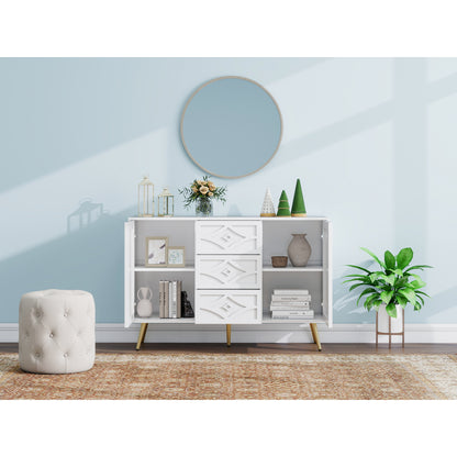 Dressoir – Ladekast – Opbergkast – Buffetkast – Wandkast – Wit Modern Design – Gouden Poten & Diamantpatroon – 120x40x80 cm – 3 Lades & 2 Deuren – Eenvoudige Montage