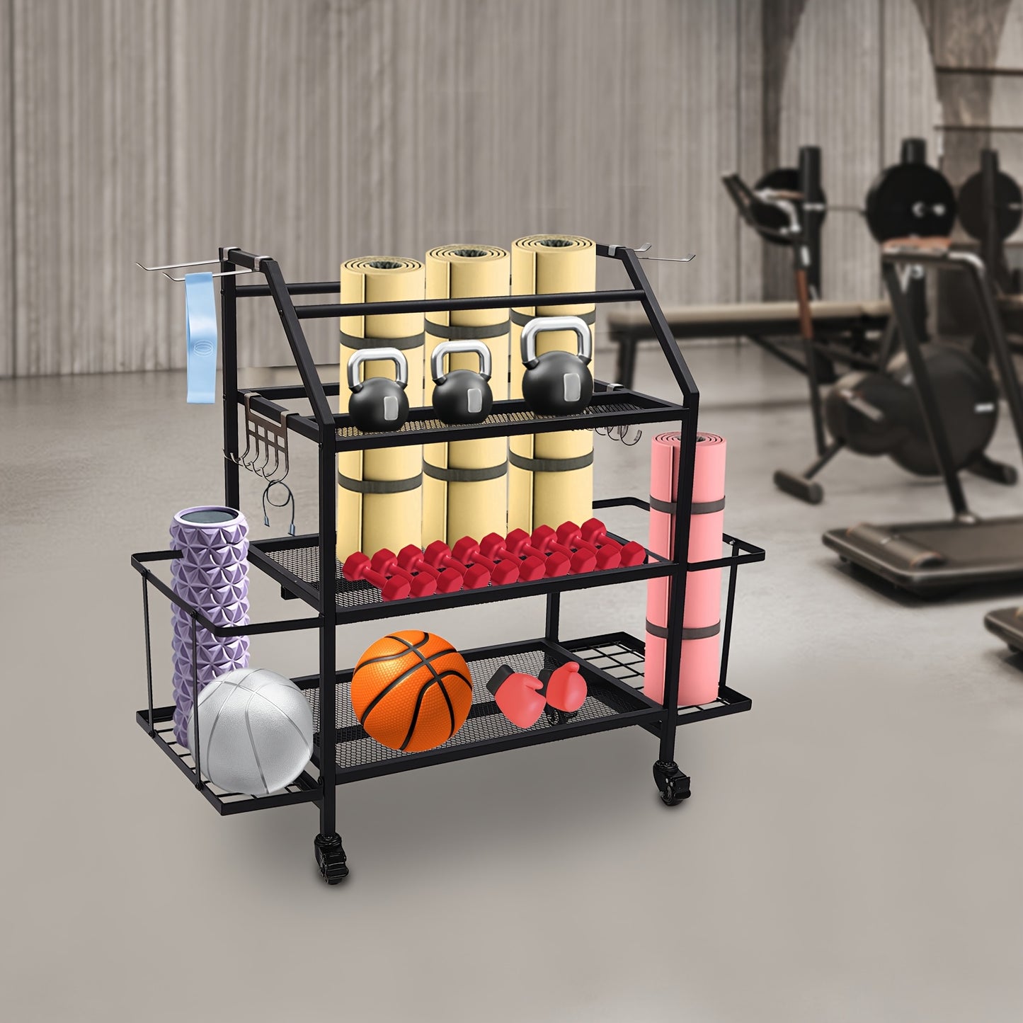 Dumbbellrek – Halterrek – Fitnessrek – Gewichtenrek – Home Gym Organizer – Stalen 3-Laags Rek Met 4 Wielen – Zijhaken Voor Springtouwen en Handdoeken