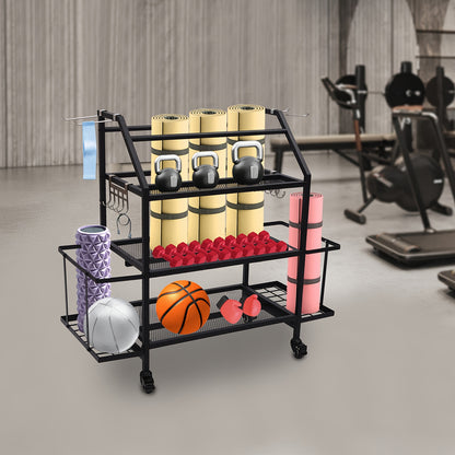 Dumbbellrek – Halterrek – Fitnessrek – Gewichtenrek – Home Gym Organizer – Stalen 3-Laags Rek Met 4 Wielen – Zijhaken Voor Springtouwen en Handdoeken