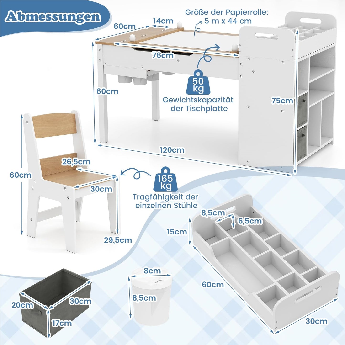 Kindertafel – Kinderbureau – Knutseltafel – Speeltafel – Stoelenset – 3-in-1 Schildertafel met Opbergruimte – Hoogwaardig Berkenhout – Veilig Afgeronde Hoeken – Nature