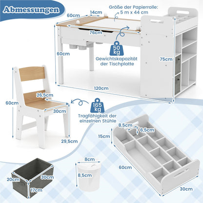 Kindertafel – Kinderbureau – Knutseltafel – Speeltafel – Stoelenset – 3-in-1 Schildertafel met Opbergruimte – Hoogwaardig Berkenhout – Veilig Afgeronde Hoeken – Nature