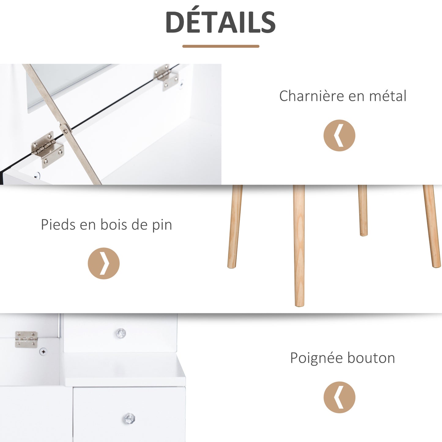 Kaptafel – Make-up Tafel – Vanity – Secretaire – Dressing Table – Scandinavisch Design – Vouwbare Spiegel – Ruime Opbergruimte – Wit MDF – Compact 60x50x86 cm