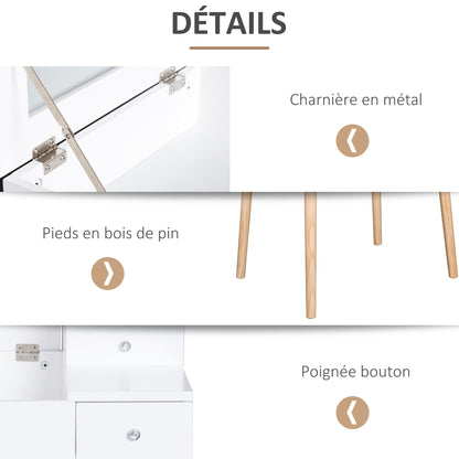 Kaptafel – Make-up Tafel – Vanity – Secretaire – Dressing Table – Scandinavisch Design – Vouwbare Spiegel – Ruime Opbergruimte – Wit MDF – Compact 60x50x86 cm