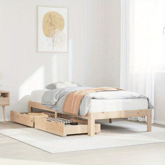 Modern Minimalist Bed Frame with Built-In Storage Drawers - Solid Pine Wood Platform Bed, Easy Assembly, Space-Saving Design for Small Bedrooms, Durable Bedroom Furniture (75x190cm), Bed Room Decor And Accessories, Contempora