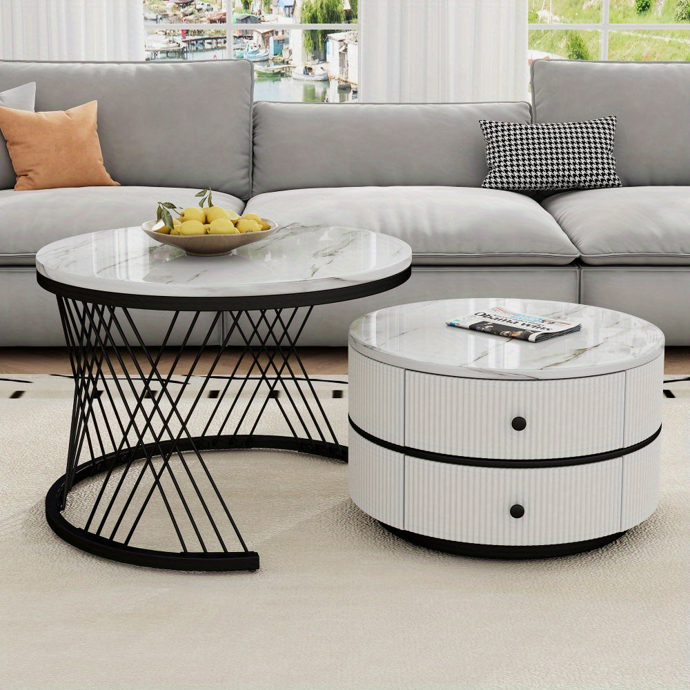 Salontafel Set – Koffietafel Set – Bijzettafel Set – Nestbare Tafels – Ronde Salontafels – Hoogglans Marmerlook – 2 Drawers – 60x60 & 50x50 cm - Wit