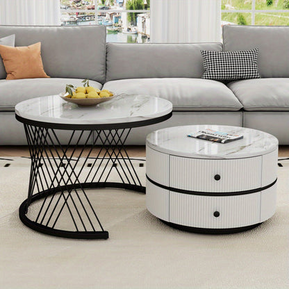 Salontafel Set – Koffietafel Set – Bijzettafel Set – Nestbare Tafels – Ronde Salontafels – Hoogglans Marmerlook – 2 Drawers – 60x60 & 50x50 cm - Wit