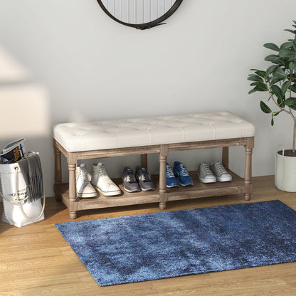 Schoenenbank – Schoenenrek – Halbank – Zitbank – Schoenenkast – Linnen Beige Bekleding – Rubberhout – 115x40x48 cm – Open Opbergruimte – Comfortabel Zitkussen