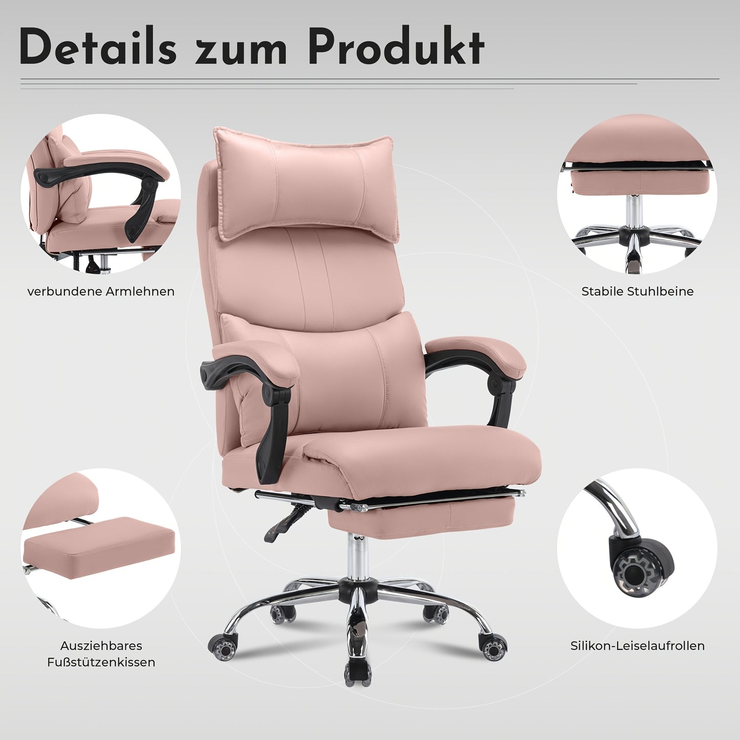 Ergonomische Bureaustoel – Bureaustoel – Werkstoel – Draaistoel – Kantoorstoel – Diep Roze – Roestvrij Stalen Frame – Verstelbare Lendensteun