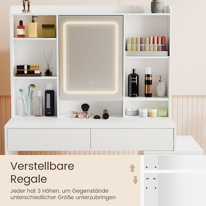 Vanity Desk – Make-up Tafel – Kaptafel – Schminktisch – Dressing Table – Verlichte Spiegel Met 3 Lichtstanden – 6 Laden Met 3 Opbergshelves – Wit – Gehard Glas