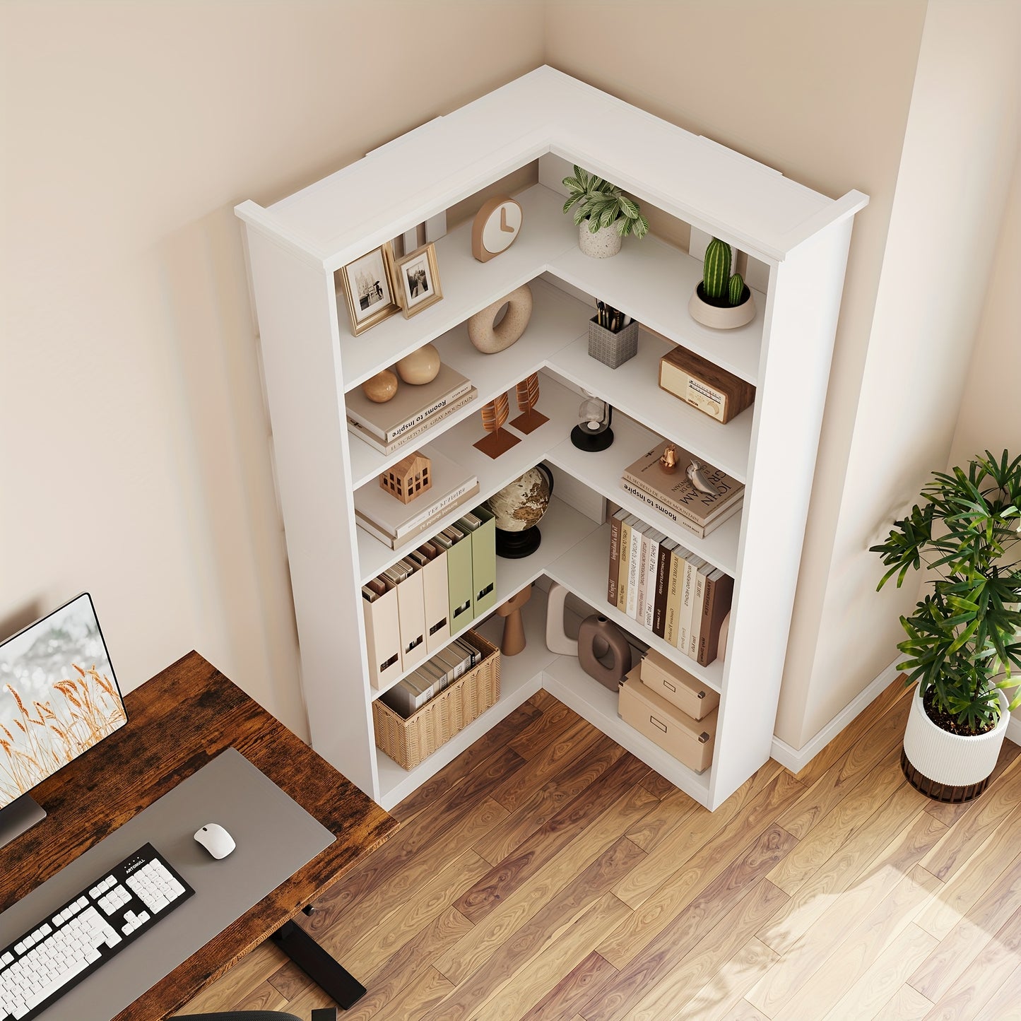 Hoekboekenkast – Hoekboekenplank – L-vormige Boekenkast – Boekenrek – Opbergkast – 182 cm Hoog – Stevige MDF & Houtconstructie – Vrijstaand Wit Meubel