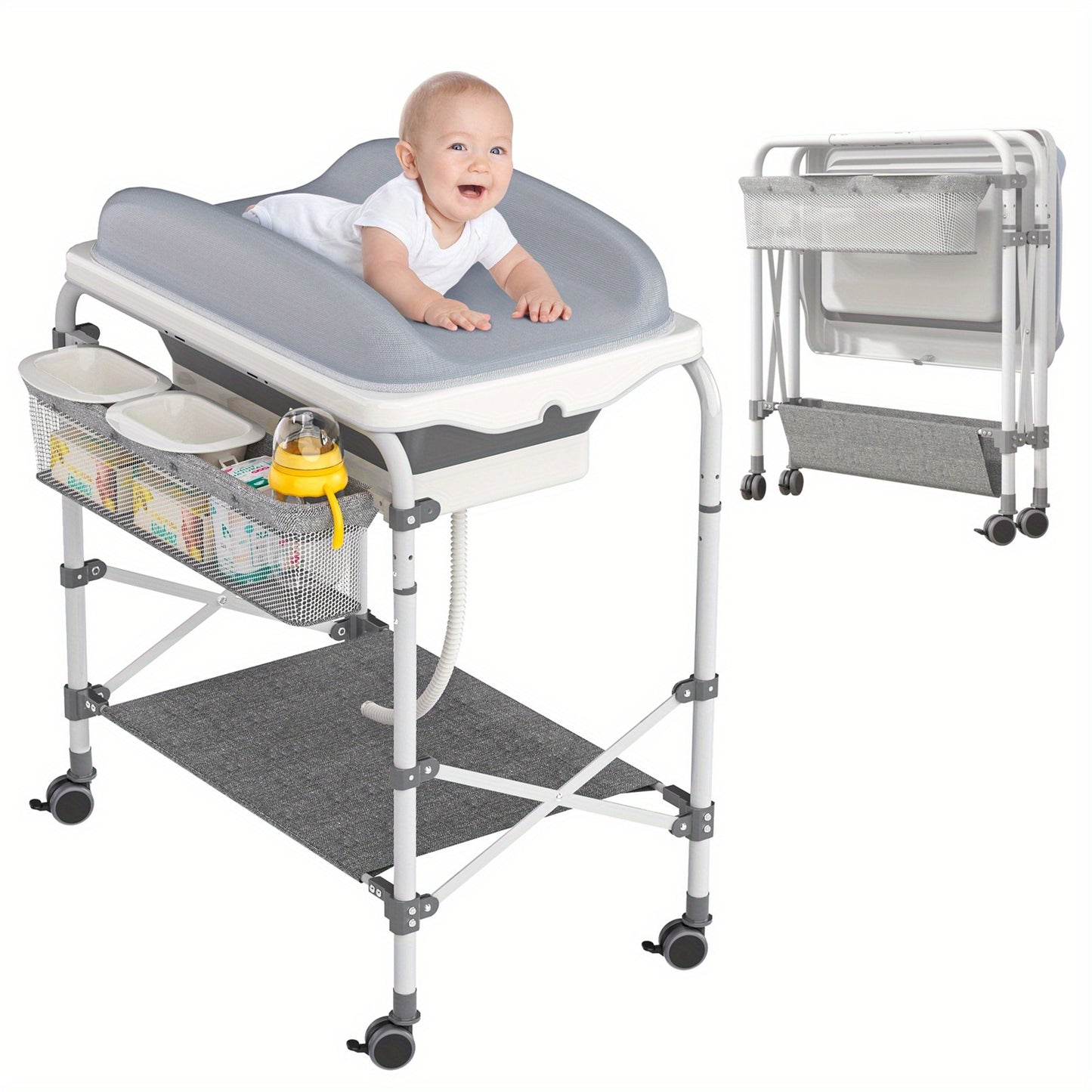 Babycommode Grijs – Verschoontafel – Waskom – Mobiele Commode – 2-in-1 Babymeubel – Inklapbaar Badje – 4 Zwenkwielen – Max Belastbaarheid 50 kg