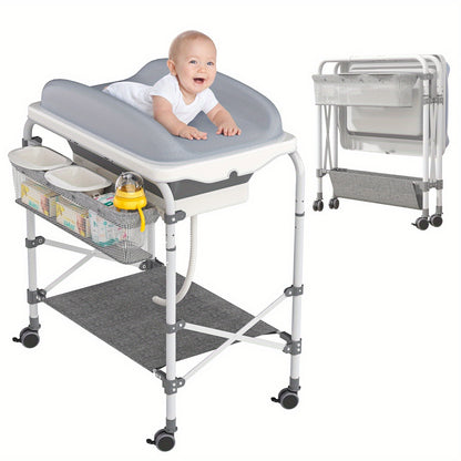 Babycommode Grijs – Verschoontafel – Waskom – Mobiele Commode – 2-in-1 Babymeubel – Inklapbaar Badje – 4 Zwenkwielen – Max Belastbaarheid 50 kg