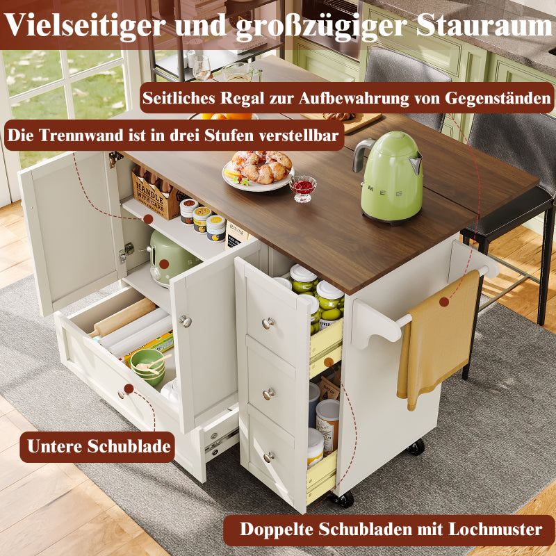 Keukentrolley – Serveerwagen – Keukenwagen – Werkblad Trolley – Opbergtrolley – Wit Met Houtnerf – Inklapbaar Werkblad Tot 71 cm – Verstelbare Planken Met Kruidenrekje