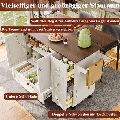Keukentrolley – Serveerwagen – Keukenwagen – Werkblad Trolley – Opbergtrolley – Wit Met Houtnerf – Inklapbaar Werkblad Tot 71 cm – Verstelbare Planken Met Kruidenrekje