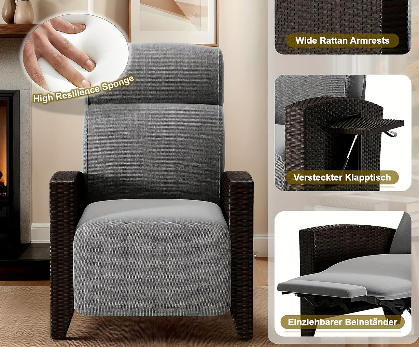 Loungestoel – Fauteuil – Tuinstoel – Relaxstoel – Schommelstoel – Verstelbare Rugleuning – Inklapbare Zijtafel – Rattan Metalen Frame – Draagvermogen 200 Kg