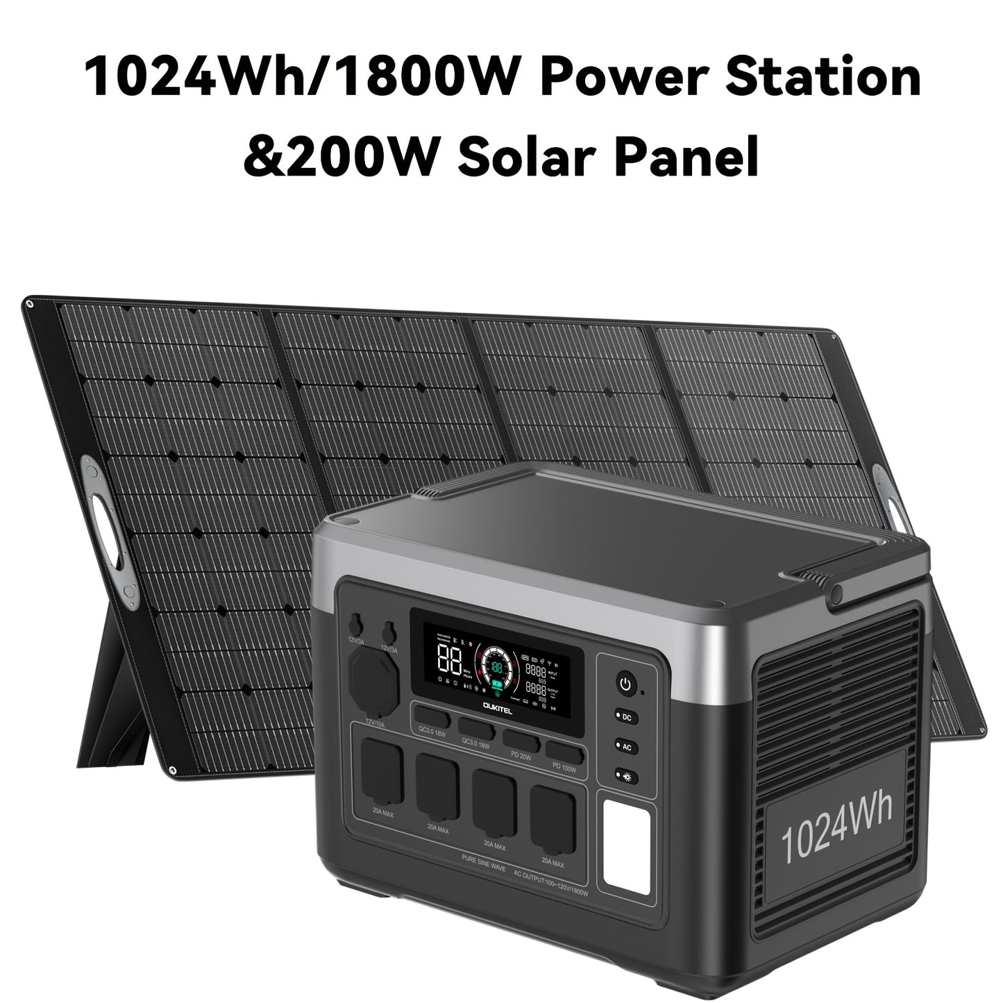Zonnepaneelstation – Draagbare Powerstation – Solar Generator – Noodstroomcentrale – Zonne-energiecentrale – 1024Wh LiFePO4 Accu – 1800W Output met 200W Zonnepaneel