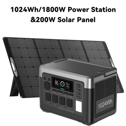 Zonnepaneelstation – Draagbare Powerstation – Solar Generator – Noodstroomcentrale – Zonne-energiecentrale – 1024Wh LiFePO4 Accu – 1800W Output met 200W Zonnepaneel