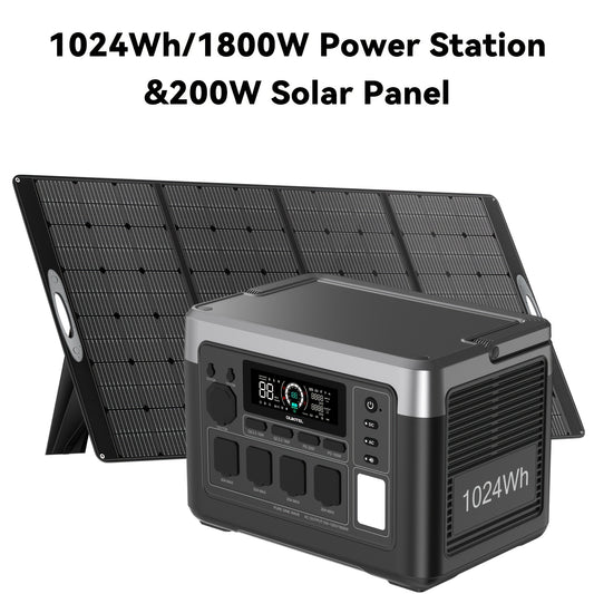 Zonnepaneelstation – Draagbare Powerstation – Solar Generator – Noodstroomcentrale – Zonne-energiecentrale – 1024Wh LiFePO4 Accu – 1800W Output met 200W Zonnepaneel