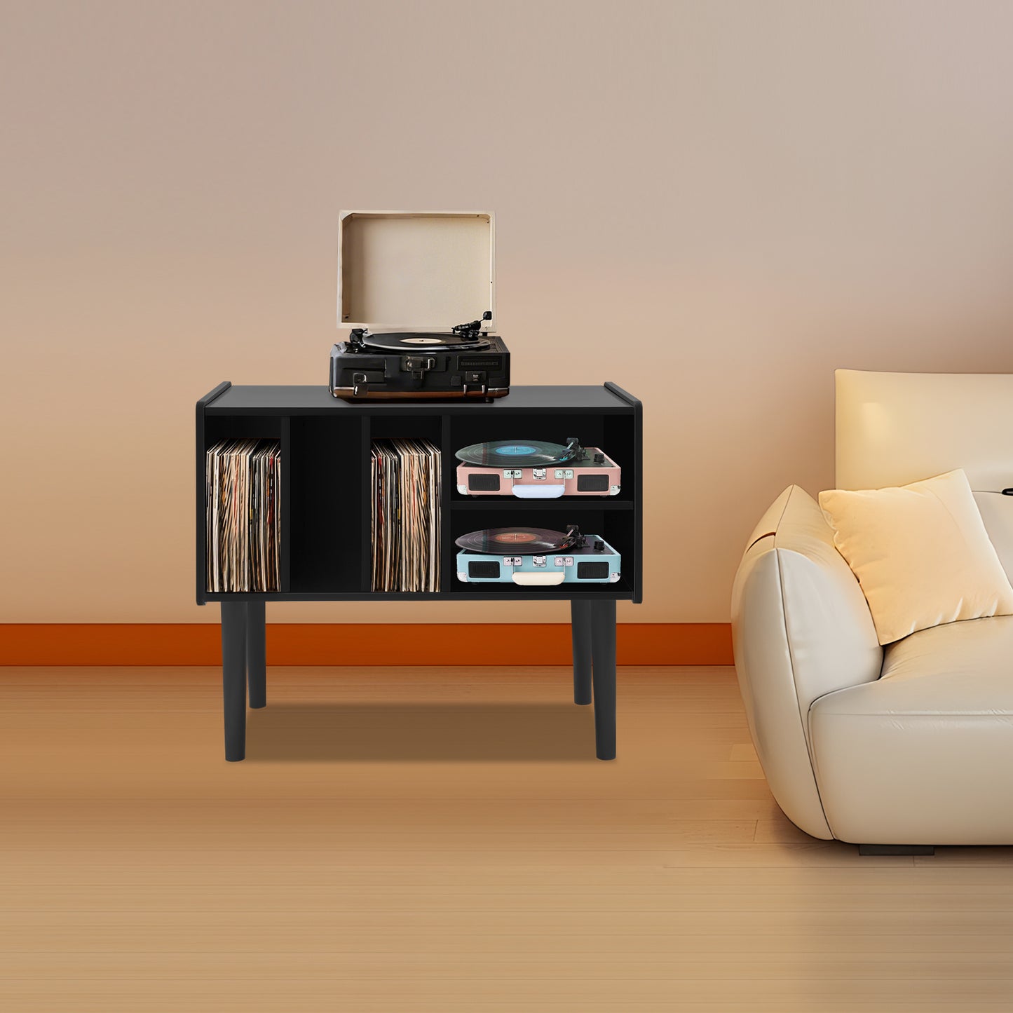 Modern Black Vinyl Record Player Stand with Storage Cabinet - Heavy-Duty MDF & Iron Construction, 80.01cm x 68.07cm x 39.88cm Turntable Stand with 4-Tier Shelves, Holds 220 Vinyl Records, Space-Saving Design for Living Room,